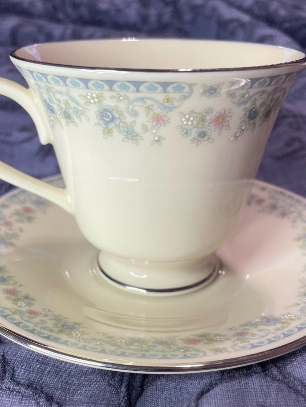 Lenox Columbine Cup & Saucer Set Blue Flowers Platinum Trim USA Vintage Footed